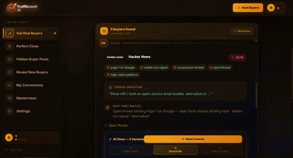 TrafficLeak AI results page showing buyer cards with platform badges, buyer quotes, and engineered closing replies