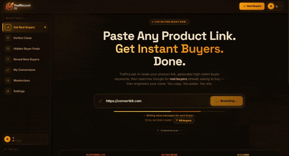 TrafficLeak AI — live buyer scan in action